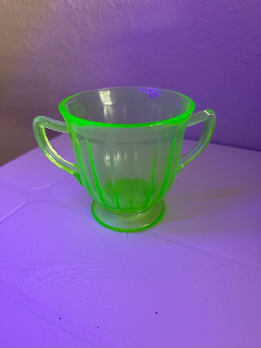 Vintage Green Uranium Glass Ribbed Double-Handled Open Sugar Bowl